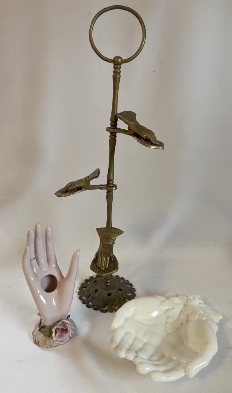 Vintage Hand Collection Brass, Glass, Ceramic Set of three vintage hand pieces. Pink ceramic pen (1 of 10)