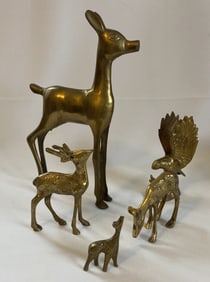Brass Animal Lot Deer Eagle Giraffe Set of Five Five brass animals, three deer, one eagle, and one