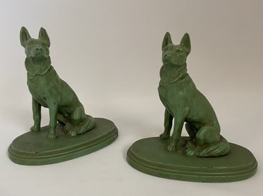 Green German Shepherd Dog Figurines Two spelter metal German Shepherd dog figurines, painted green.