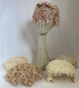 Vintage Hats and Wicker Hat Stand Five vintage hats with Union made labels and wicker head shaped