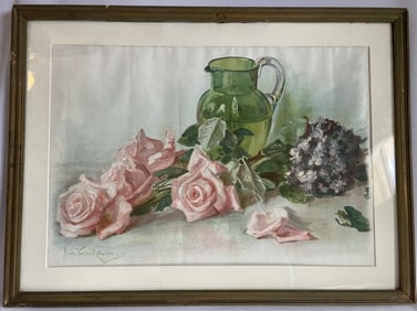 Antique Watercolor Still Life Painting Signed Still life painting of pink roses, green pitcher, and