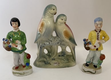 Figurines Japanese Couple & Parakeets Three figurines, parakeets are marked Spaulding, Japanese