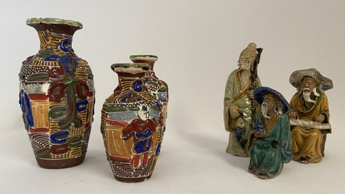 Vintage Satsuma Vases & Mudman Figurines Three Japanese Satsuma bud vases and three Chinese Mudman