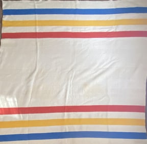 Vintage Mulitcolor Stripe Wool Blanket Hudson Bay style wool blanket with yellow, blue, and red