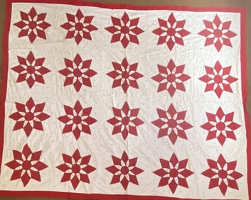 Ohio Star Handmade Quilt Red and white quilt in the Ohio Star pattern. Some small stains, one star
