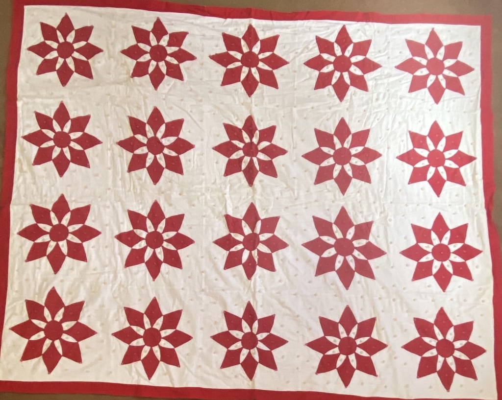 Ohio Star Handmade Quilt Red and white quilt in the Ohio Star pattern. Some small stains, one star (1 of 5)