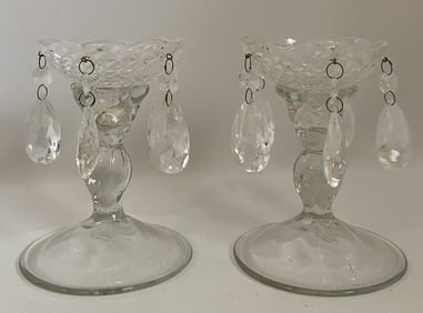 Two Prism Candlestick Holders Pair of clear glass candlestick holders, each with five dangling