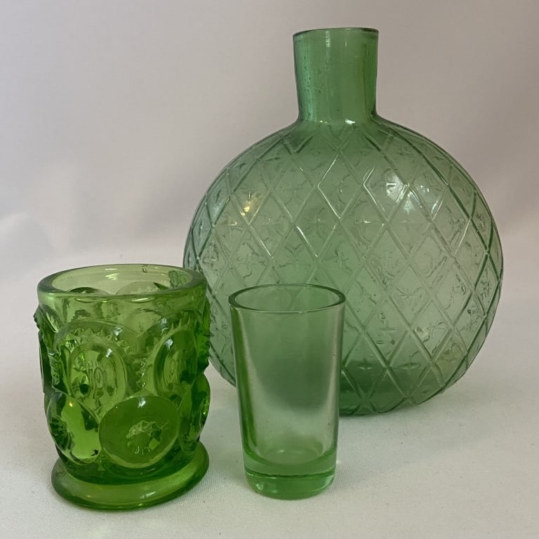 Vintage Green Glass Set of Three Green glass shot glasses and jug. All unmarked.: Green glass shot glasses and jug. All unmarked.