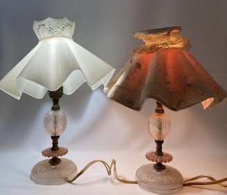 Pink Depression Glass Table Lamps Pair of pink depression glass bedroom table lamps, one with