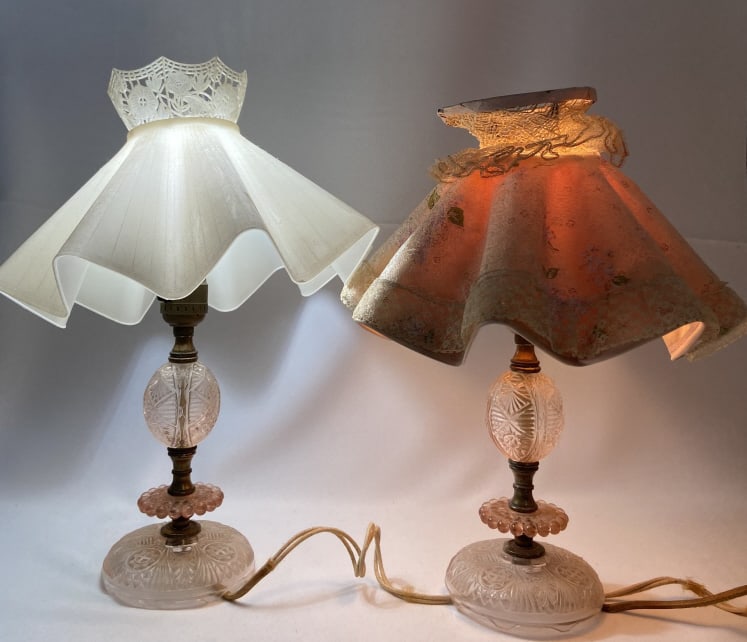Pink Depression Glass Table Lamps Pair of pink depression glass bedroom table lamps, one with (1 of 6)
