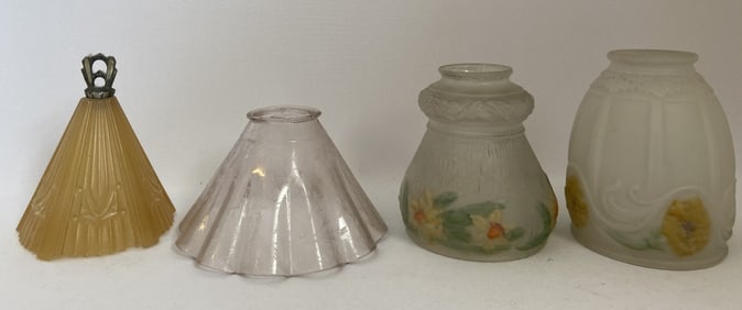 Antique & Vintage Glass Lampshades Four small glass lampshades. Amber glass art deco shade is 5 1/4