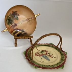 Vintage Made in Japan Ceramic Dishes Embossed grape tidbit tray with rattan handle, marked Made in