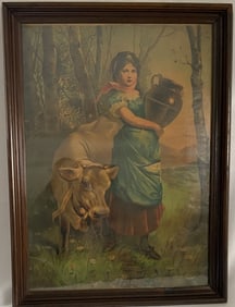 Antique Girl with Bull Framed Lithograph Lithograph of a girl with a bull, mark is covered by frame,