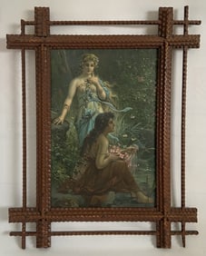 Antique Nymph Lithograph in Arts & Crafts Frame Lithograph of two nymphs by a pond. No signature or
