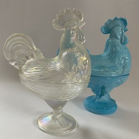 Glass Rooster Catchall Dishes Set of Two Two glass catchall dishes shaped like roosters, one