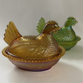 Carnival Glass Hens On A Nest Catchall Dishes Two hens or chickens in basket glass catchall dishes,