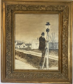 Lamp Lighter Oil Painting in Antique Frame Oil painting of a lamp lighter signed Sue Hatcher, 79.