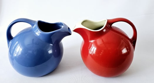 Vintage Red & Blue Hall Pottery Ball Pitchers Small dent in blue pitcher. See picture # 4.