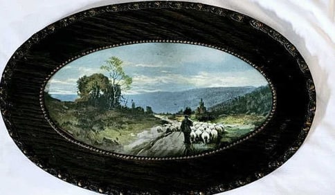 Antique Shepard Guiding Flock Lithograph Picture measures 12"x21"