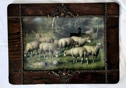 Antique Lithograph  by A.Fox Phila Grazing Sheep Picture measures 19"x14"