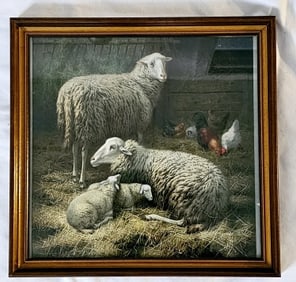 Antique Lithograph Sheep & Chickens Theo Van Sluys Picture measures 15"x15"