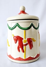 Vintage Carousel Cookie Jar Marked USA Crazing on the jar.