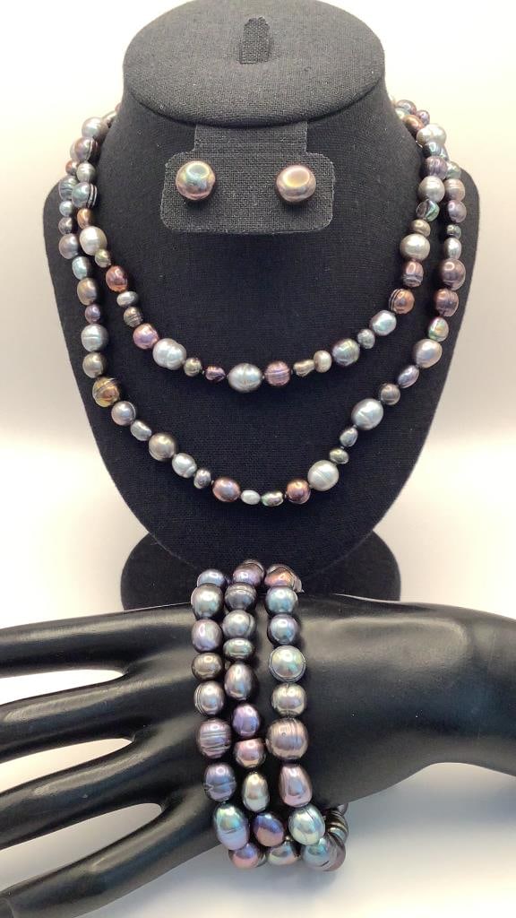 Honora Multi-Colored Fresh Water Cultured Pearl Necklace Bracelets & Earrings: Necklace Bracelets & Earrings Necklace is 35" Necklace pearls are multi-shaped & sized. Clasp is 925 sterling Stretch bracelets are approximately 2.5" round