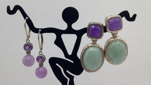 925 Sterling Lavender Jade & Amethyst & 925 Sterling Amethyst & Green Jade Earrings