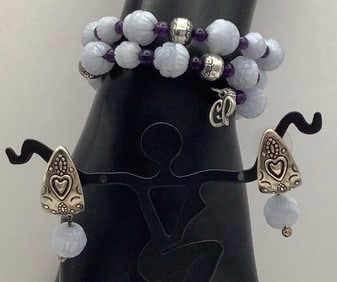 Carolyn Pollack Carved Blue Lace Agate Amethyst Coil Bracelet & 925 Sterling Blue Lace Agate
