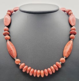 Vintage Red Coral Silver Tone Necklace Necklace Measures 28.5"
