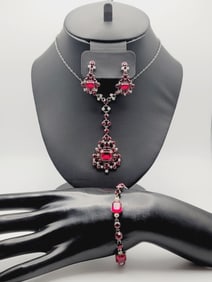 Givenchy Silver Tone Red Rhinestone Set Necklace Measures 20"  Bracelet Measures 7.5"