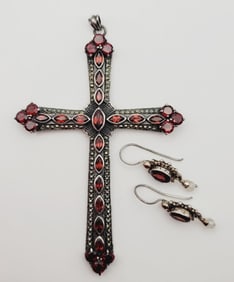 Sterling Garnet and Marcasite Cross & Earrings Pendant Weighs 20.7 Grams  Earrings Weigh 4.4 Grams
