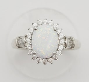 Sterling Silver Opal and Crystal Ring Ring Weighs 2.8 Grams  Size 5.5  Metal Not Stamped