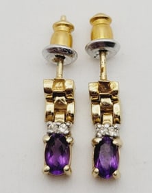 14K Gold Diamond and Amethyst Earrings Earrings Weigh 1.7 Grams