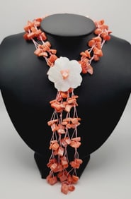 Vintage Mother of Pearl Pink Necklace Necklace Measures 30"  Gold Tone Metal