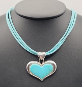 SX Sterling Silver Turquoise Heart Necklace Necklace Measures 16"  Necklace Weighs 12.5 Grams