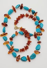 Vintage Turquoise and Amber Necklace Necklace Measures 32"  Gold Tone Metal