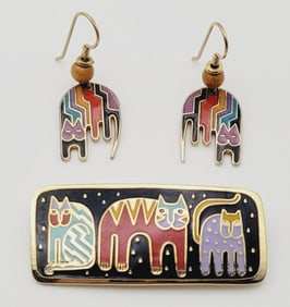 Laurel Burch Fantastic Felines Earrings & Brooch Gold Tone Metal