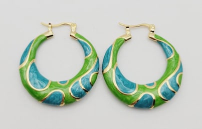 Gold Tone Teal and Green Enamel Earrings Gold Tone Teal and Green Enamel Earrings