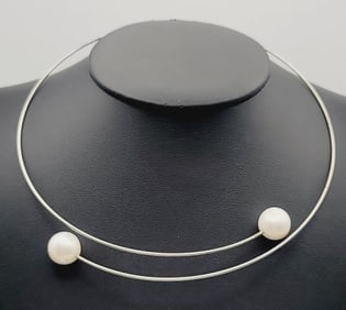 Vintage Sterling Silver Faux Pearl Choker Necklace Measures 10" Adjustable