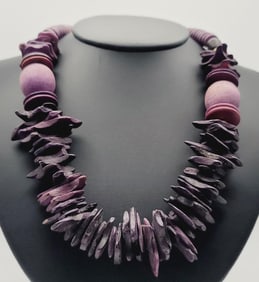 Vintage 1980s Purple Wooden Statement Necklace Necklace Measures 27"
