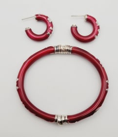 Milor Sterling Red Enamel Bracelet & Earrings Bracelet Measures 5.5"