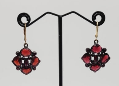 Vintage Monet Red Rhinestone Earrings Bronze Tone Metal