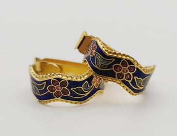 Vintage Cloisonne Blue Floral Earrings Gold Tone Metal