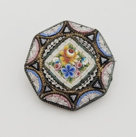 Vintage Italian Micro Mosaic Brooch Bronze Metal