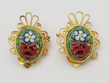 Vintage Italy Mini Mosaic Earrings Gold Tone Metal