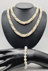 Vintage Gold Tone Faux Pearl Set Necklace Measures 42"  Bracelet Weighs 7.5"