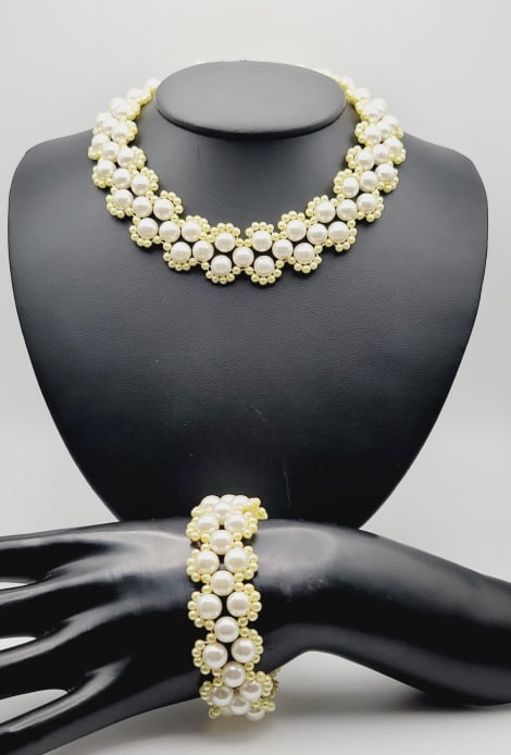 Vintage Faux White and Yellow Pearl Set Necklace Measures 15": Necklace Measures 15" Bracelet Weighs 8" Silver Tone Metal