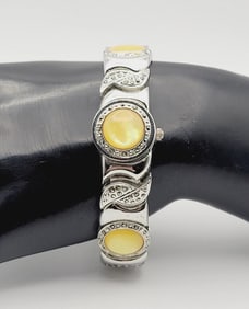 Lee Sands Yellow Mother of Pearl Covered Watch Watch Measures 7.25"  Watch is Not Tested