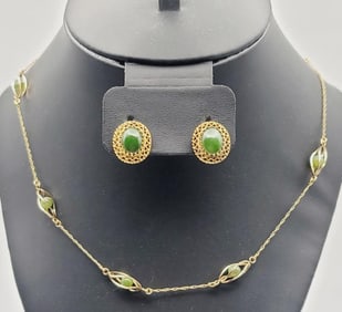 Vintage 14K Gold Filled Jade Necklace & Earrings Necklace Measures 26"